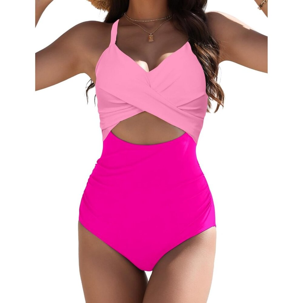 Hot Pink One Piece Swimsuit Tummy Control Bathing Suit Cutout Swimwear X-LARGE